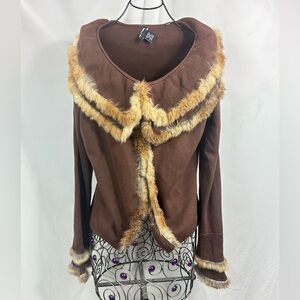 CABO chocolate brown ribbed cardigan with faux fur lining size L